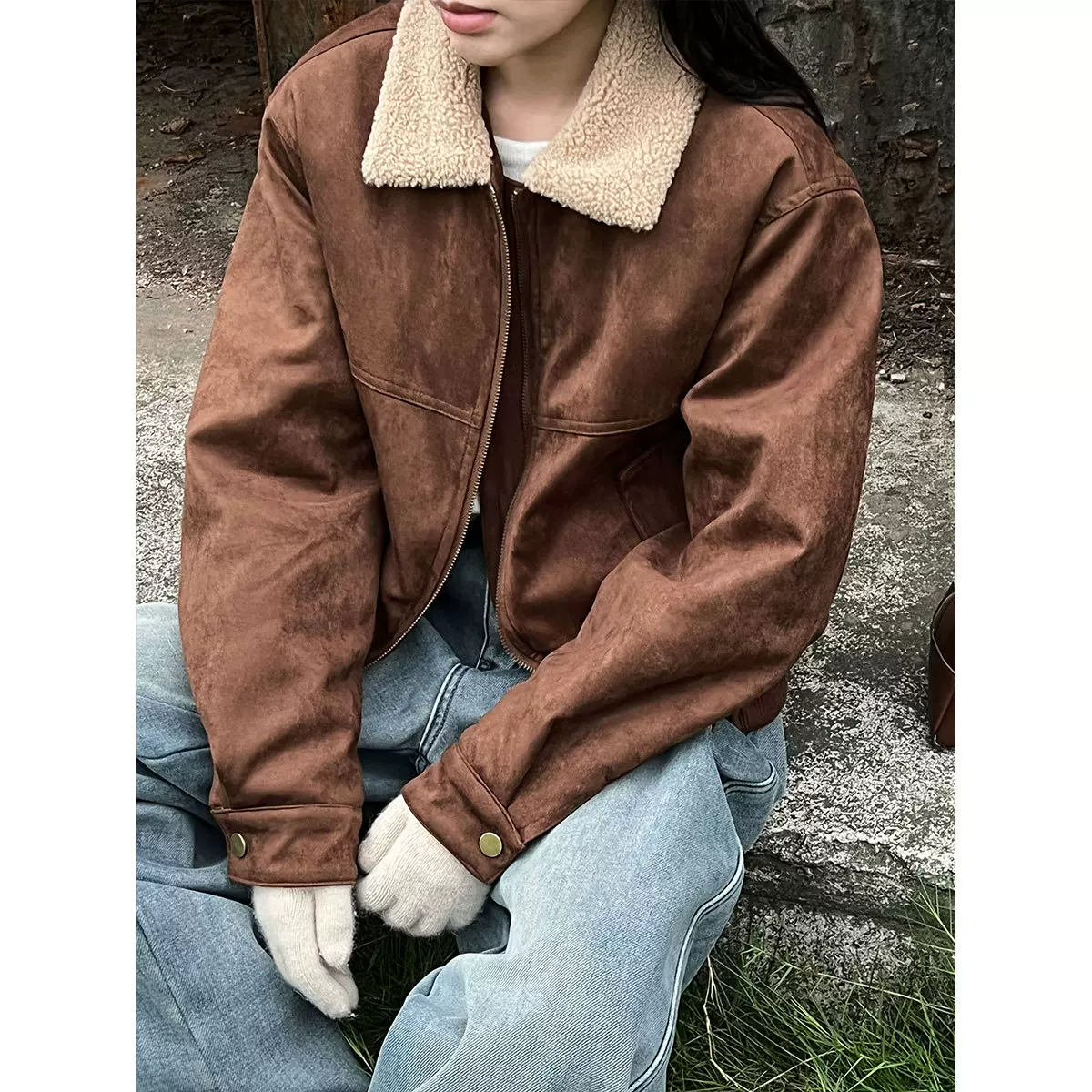 鹿西 复古风麂皮绒翻领拼接短款外套女冬季保暖棉服夹克上衣8556