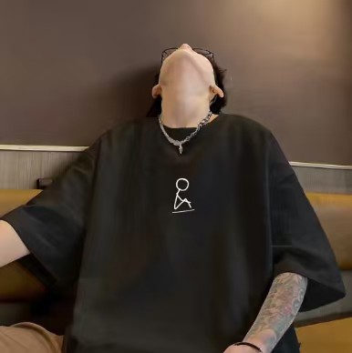 emo忧郁简约百搭260g纯棉短袖t恤男小人表情重磅大码青少年半袖夏