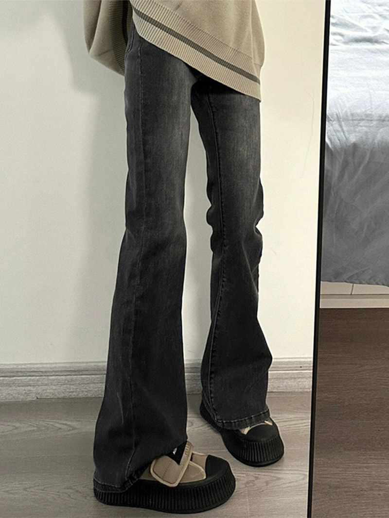 Women's High Waist Stretch Flared Jeans - Vintage Black Gray Bootcut Pants For Spring, Straight Leg To Floor Length​_ecoleips.com