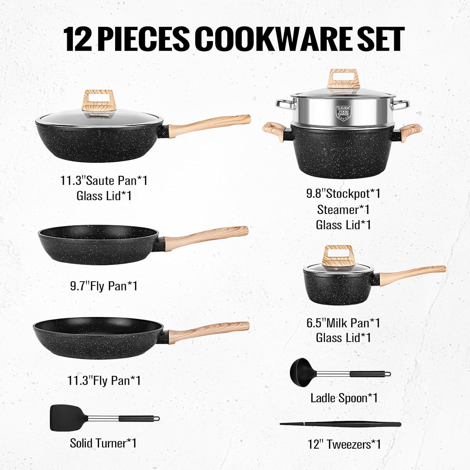 Comercio exterior transfronterizo Olla antiadherente de piedra médica Juego de ollas domésticas negras Juego de ollas para freír y wok Juego de ollas de sopa Olla de aluminio al por mayor