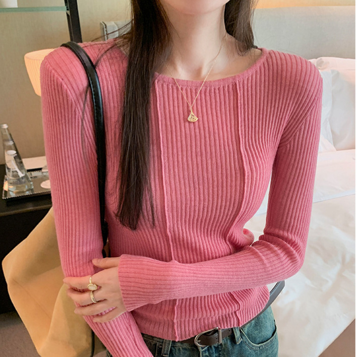 Pink Knitted Bottoming Shirt for Women, Early Autumn and Winter New Style, Slim Long-Sleeved, High-End Inner Wear, Spring Top