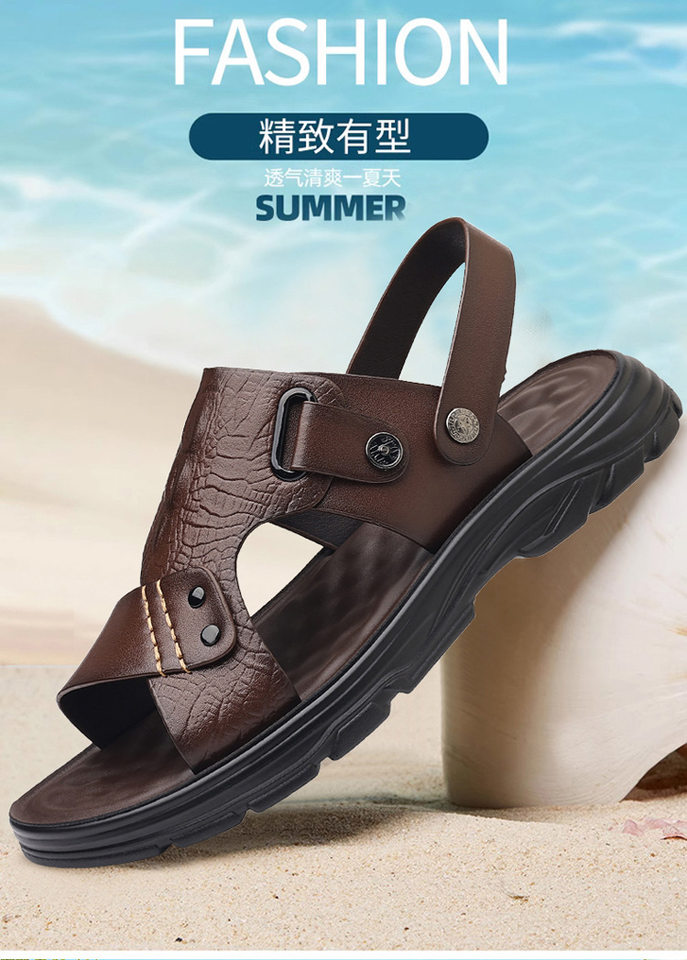Dép sandal nam quai ngang mũi tròn, đế bằng mềm chống trượt, kiểu hở ngón đi biển và đi ngoài trời — Màu nâu, màu đen chi tiết 1
