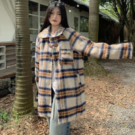 秋冬牛角扣毛呢外套女复古休闲风小众中长款过膝宽松百搭大衣跨境
