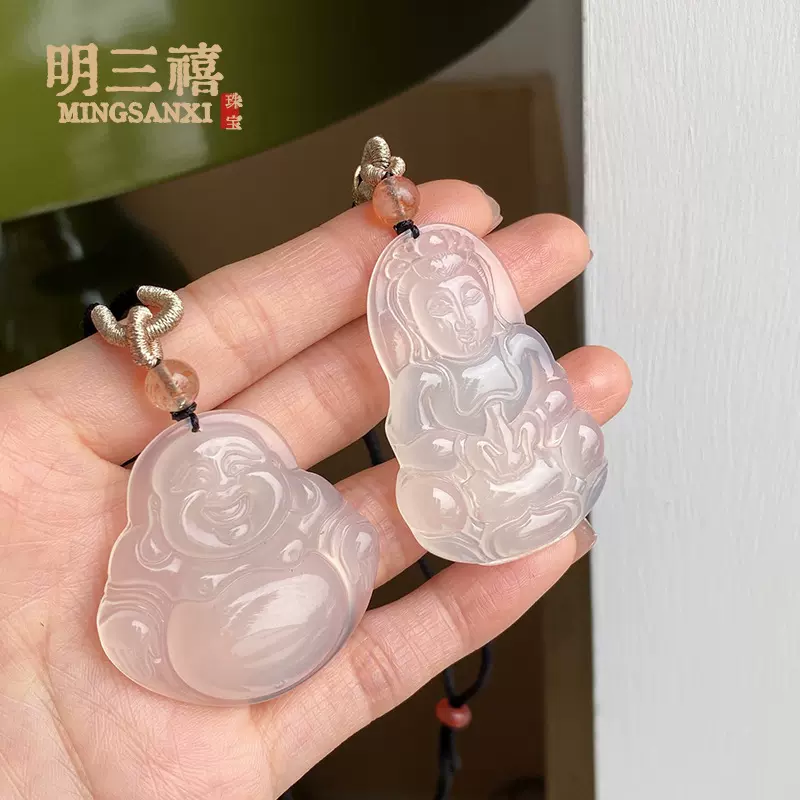 天然冰种白玛瑙白玉髓弥勒佛公观音项链平安情侣高冰透吊坠弥勒佛