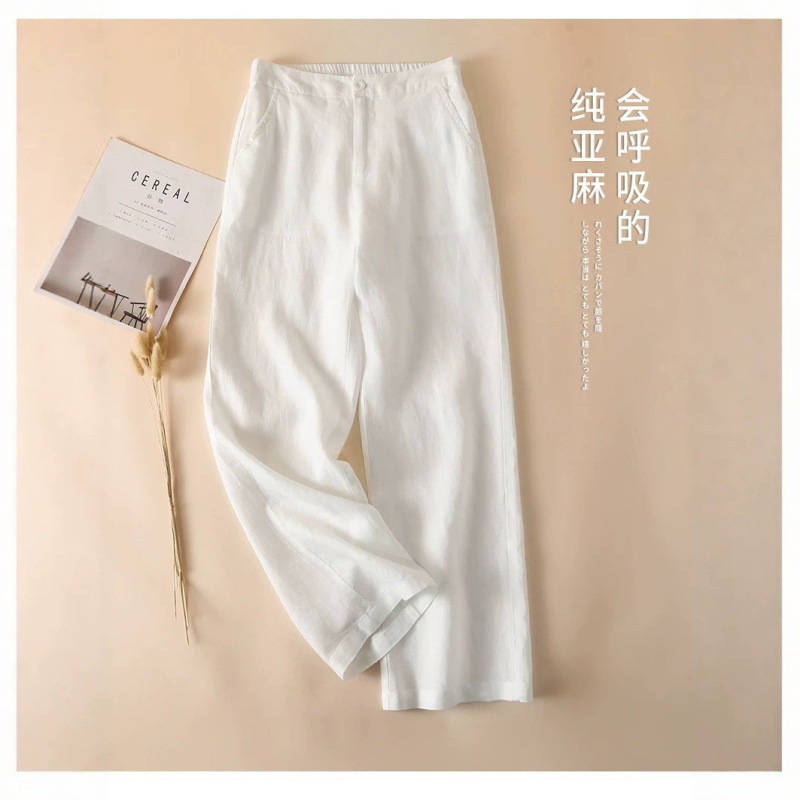 Pure linen loose wide-leg women's pants, new spring linen fabric, drapey high-waisted, slimming, casual straight-leg trousers Pure linen loose wide-leg women's pants, new spring linen fabric, drapey high-waisted, slimming, casual straight-leg trousers
