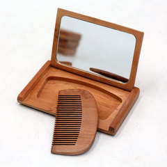 批發新款木質半月形摺疊小鏡子 便攜式女士帶梳子套裝鏡工藝禮品