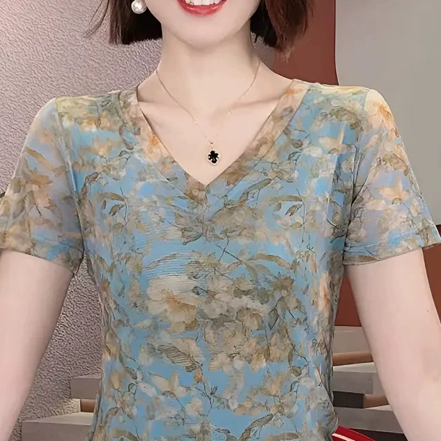 Женская сетчатая футболка с короткими рукавами и v-образным вырезом, модный топ с цветочным принтом для похудения, внутренняя одежда интернет-знаменитостей, летняя тонкая дышащая нижняя рубашка