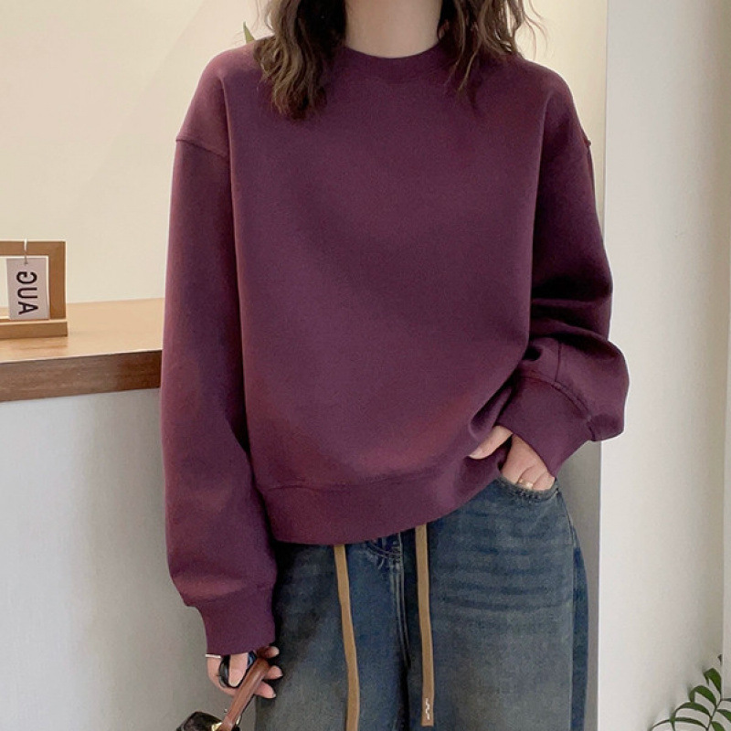 德绒纯色圆领短款卫衣女宽松休闲运动百搭显瘦保暖内搭可外穿上衣