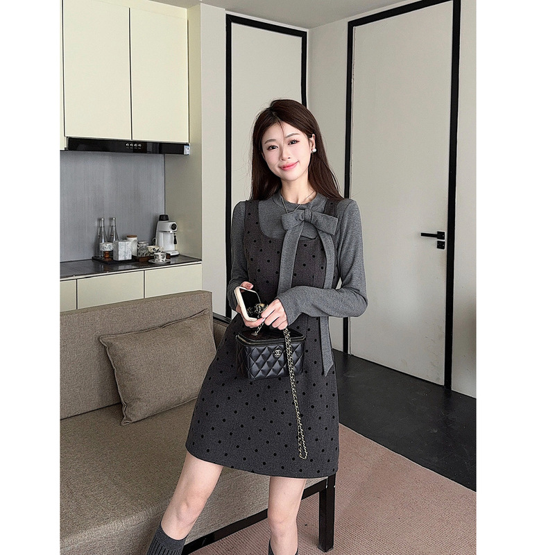 [Original Recipe] Korean Style Layered Polka Dot Suspender Dress with Bow Elegant Bottoming Shirt Winter Suit