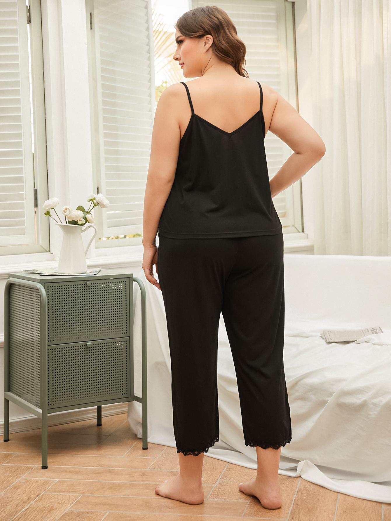 plus size suspender backless loose stitching solid color lace two-piece Loungewear-Can be worn outside NSWFC130406