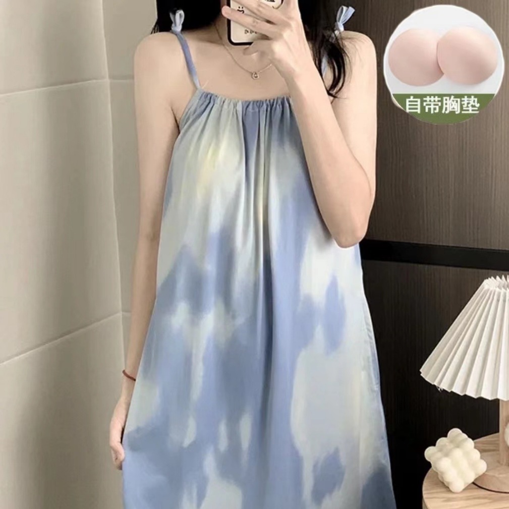 Verano nuevo vestido de pijama de armband dulce mujer cojín de pecho fresco correa de cuello se puede usar vestido de pijama suelto