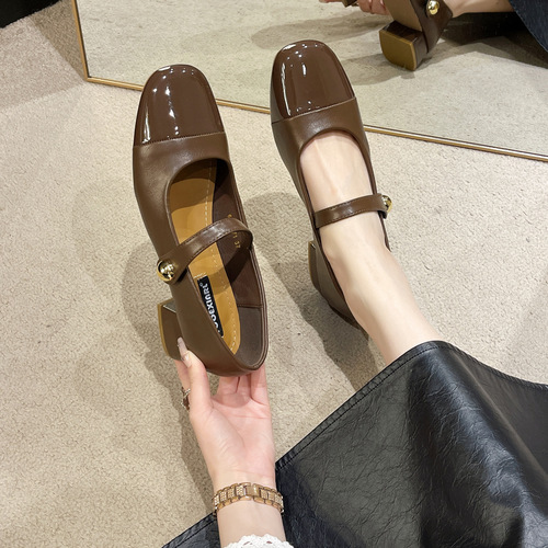 Xiaoxiangfeng shallow mid-heel single shoes for women  spring and autumn new style temperament Mary Jane shoes French thick heel small leather shoes