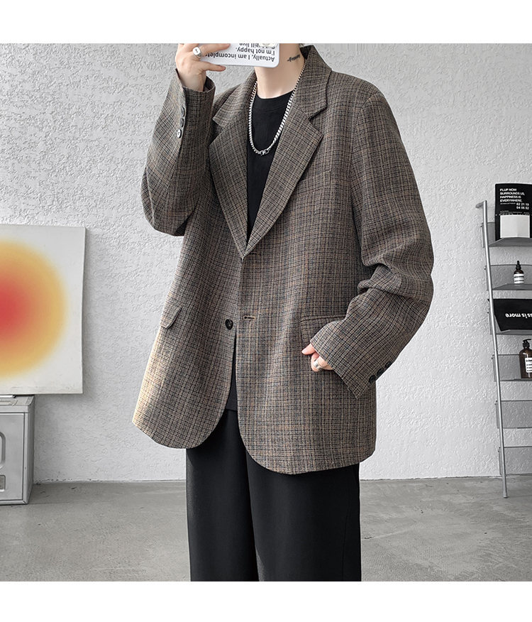 American Retro Houndstooth Blazer For Men Oversized Plaid Jacket_voghion.com