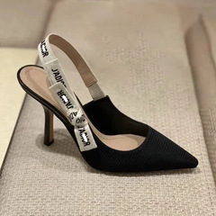 d字母針織涼鞋女2024夏家新款蝴蝶結尖頭淺口後帶經典百搭高跟鞋