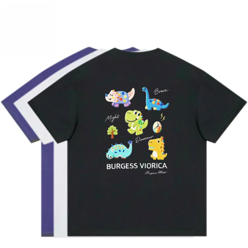 Autumn New Design Sense of Fashion Trendy Light and Breathable Little Dinosaur T-Shirt Short-Sleeved Round Neck Loose Same Style for Men and Women
