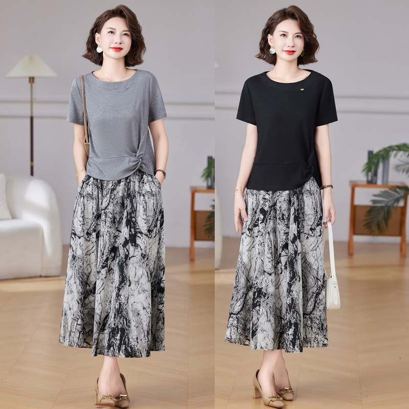 Summer Fashion Mother's Short-Sleeved T-Shirt Suit Dress Middle-Aged and Elderly Women's Summer Tops and Skirts Two-Piece Set