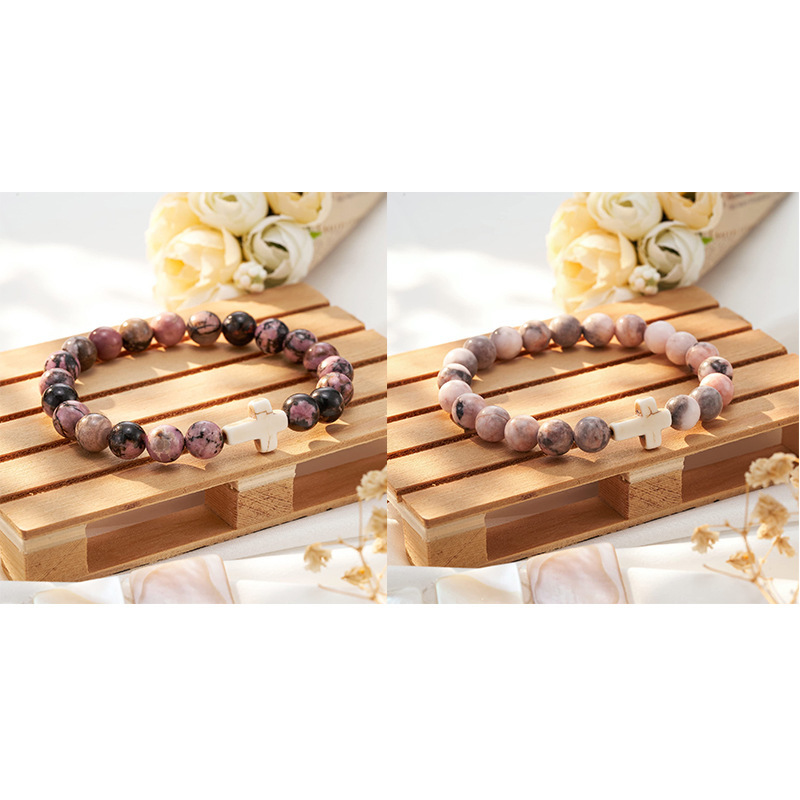 Amazon's Popular Women's Cross Bracelet Religious Jewelry Women's Godmother Gift Natural Stone Bracelet Beads