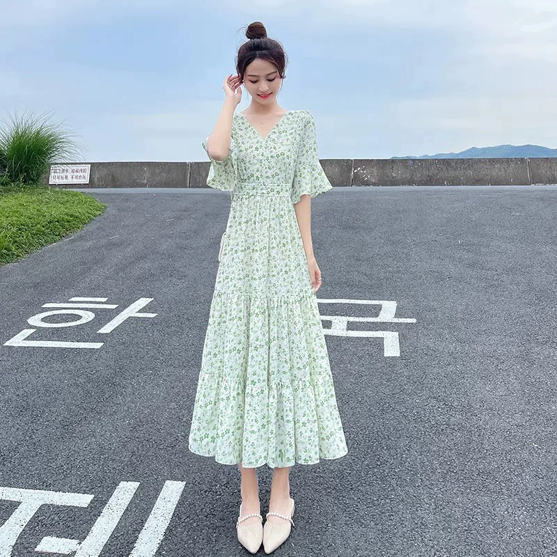 Фруктово-зеленое платье с короткими рукавами, лето 20220, новая женская шифоновая длинная юбка с цветочным принтом, v-образный вырез, высокая талия, закрывающая живот, утягивающая юбка
