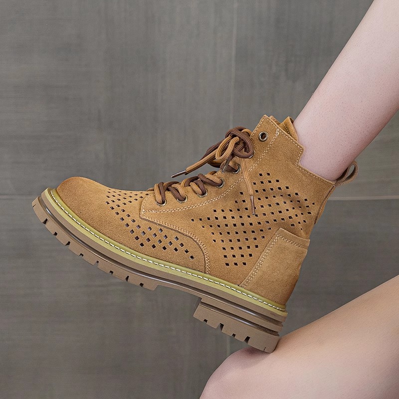 여성을위한 중공 마틴 부츠 2025 여름 새로운 핫 스타일 정품 가죽 브라운 슈퍼 핫 짧은 부츠 서양식 웨스턴 카우보이 부츠