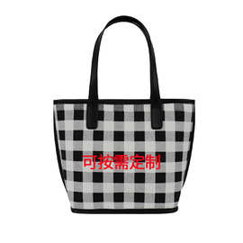 新款日系大容量黑白棋盘格手提包亚马逊跨新潮牌帆布包托特单肩包