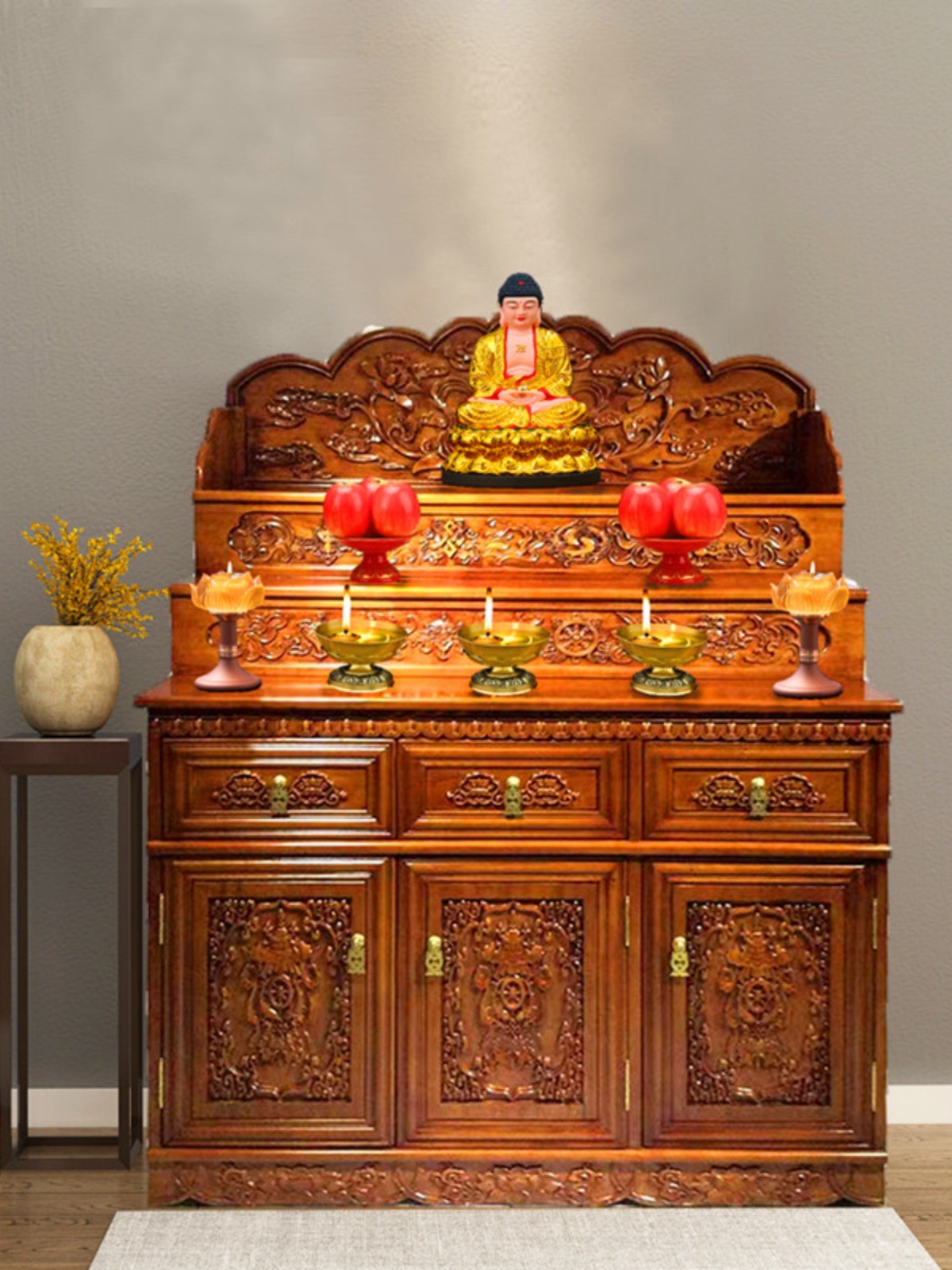 Chinese-Style Solid Wood Three-Layer Altar Cabinet with Doors, Economical Offering Table