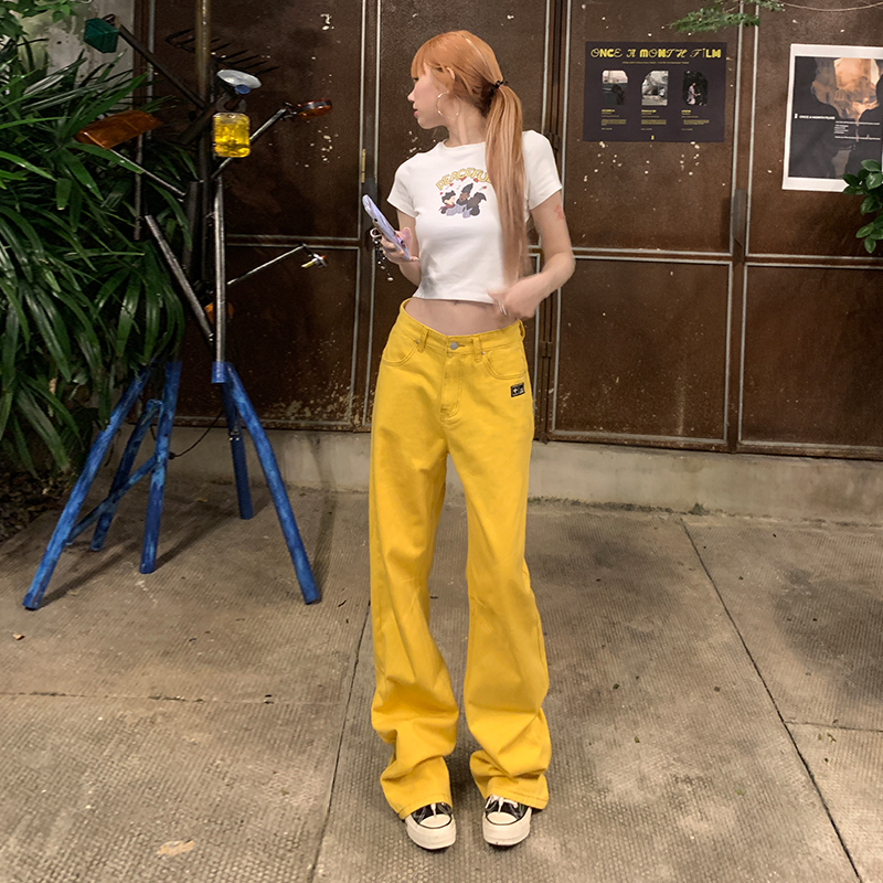 Yellow Straight-Leg Jeans for Women, Summer 2026, Slim-Fit Wide-Leg Straight Pants, Loose-Fitting Slimming Jeans for Women