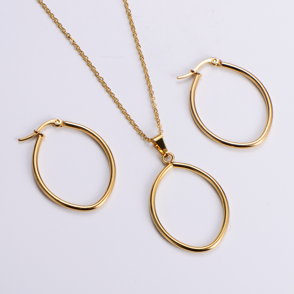 Korean glossy stainless steel oval necklace earrings set wholesale