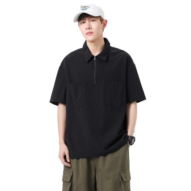 Summer New Men's Korean-style Loose Thin Solid Color Simple Casual Mid-sleeve Zipper Polo Shirt Trendy Couple Top