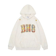 格子贴布刺绣连帽卫衣女秋冬季美式复古宽松慵懒风情侣装帽衫加绒