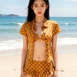 2026新款复古黄格纹泳衣性感辣妹风比基尼罩衫裙式分体度假泳衣女