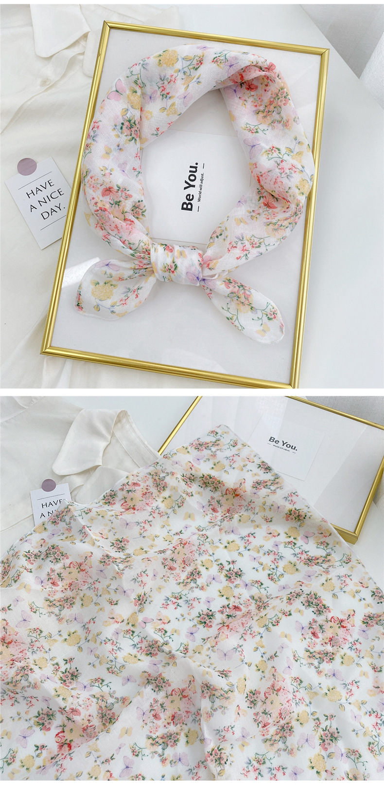 Korean flower cotton and linen small square scarfpicture12