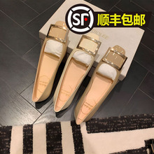 现货羊皮版~葡萄妈同款方扣方头浅口高跟鞋女春粗跟平底通勤单鞋