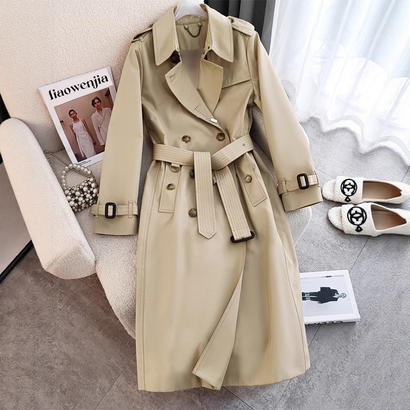 High-End Long Windbreaker for Women 2025 Autumn Slimming Look British Big-Name Right Shoulder Crisp Fashionable Elegant Lace-Up Jacket