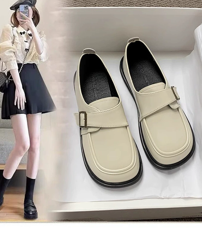 Плоская обувь Lefu Женская 2025 Новый ранний осенний британский стиль маленькая кожаная обувь одна педаль женская обувь черная пригородная обувь