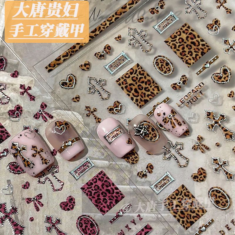 New European and American Autumn and Winter Retro Leopard Print Heart Gold and Silver Foil Nail Stickers Hot Girl Cross Nail Decoration Stickers
