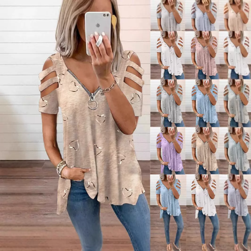 2025欧美TEMU跨境wish外贸女装 V领拉链印花短袖宽松T恤女式上衣
