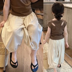 兒童套裝2024夏裝女童T恤短款闊腿褲百搭時尚純色寶寶防蚊褲洋氣