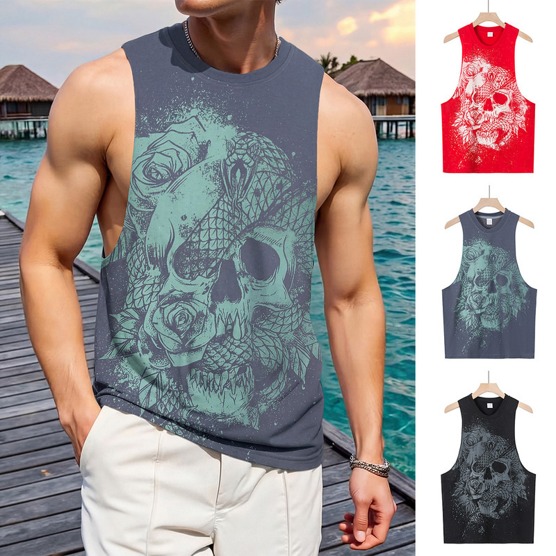 European and American Summer Trend New Men's Vest with Skull Print, Fashionable Casual Sports Quick-Dry Breathable Sleeveless Top