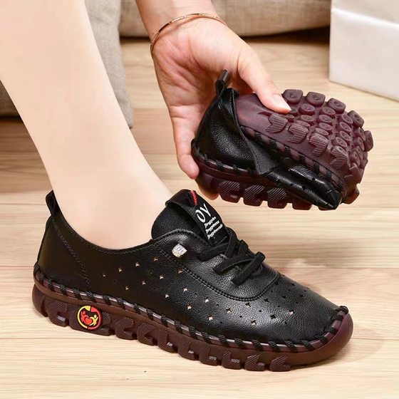 Spring and Autumn Hand-stitched Single-layer Shoes 2024 Large Size Women's Shoes Middle-aged Moms Shoes White Shoes Flat Casual Shoes