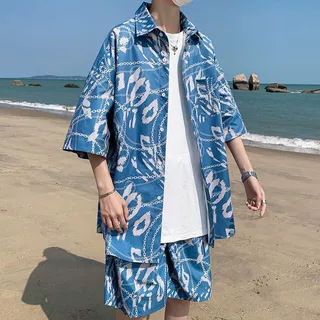 夏季冰丝休闲套装男士潮牌痞帅宽松衬衫帅气沙滩短袖衬衣一套搭配