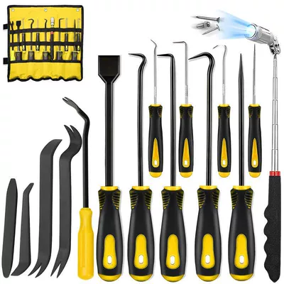 and Screwdriver Removal Tool: Mühərrik tənzimləmə alətləri - yellow-15-piece-set-with-rotating-head-stone-detector-oxford-storage-roll-bag