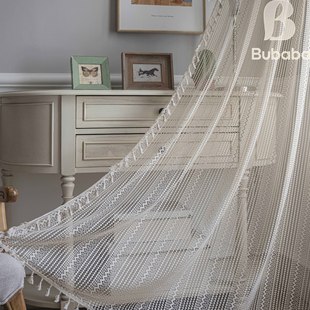 Flying cat curtain American hollow light transmission beige tassel curtain bedroom kitchen living room soundproof floating window finished product wholesale
