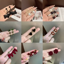 韩式精致气质红色植绒镶钻蝴蝶结爱心流苏耳环设计感优雅百搭耳饰