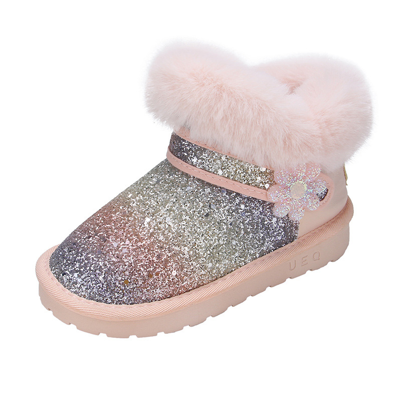 Botas de nieve para niñas, estilo nuevo invierno 2025, zapatos de algodón grandes para niños con forro de piel y forro polar, botas cortas para niñas, botas de algodón gruesas y cálidas.