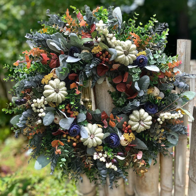 独立駅シミュレーションカボチャ花輪ハロウィーン豊作節ユーカリ葉秋感謝祭白いカボチャ花輪|undefined