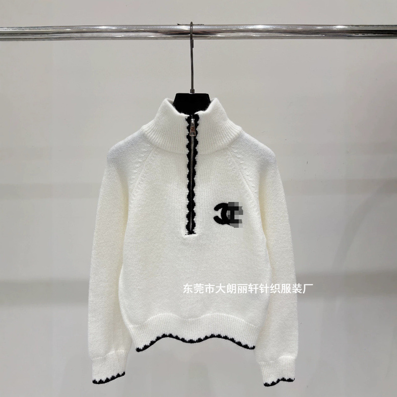 Autumn and winter stand-up collar half-zip knit sweater with contrasting color lace, raglan sleeves, loose pullover top, casual style women's clothing