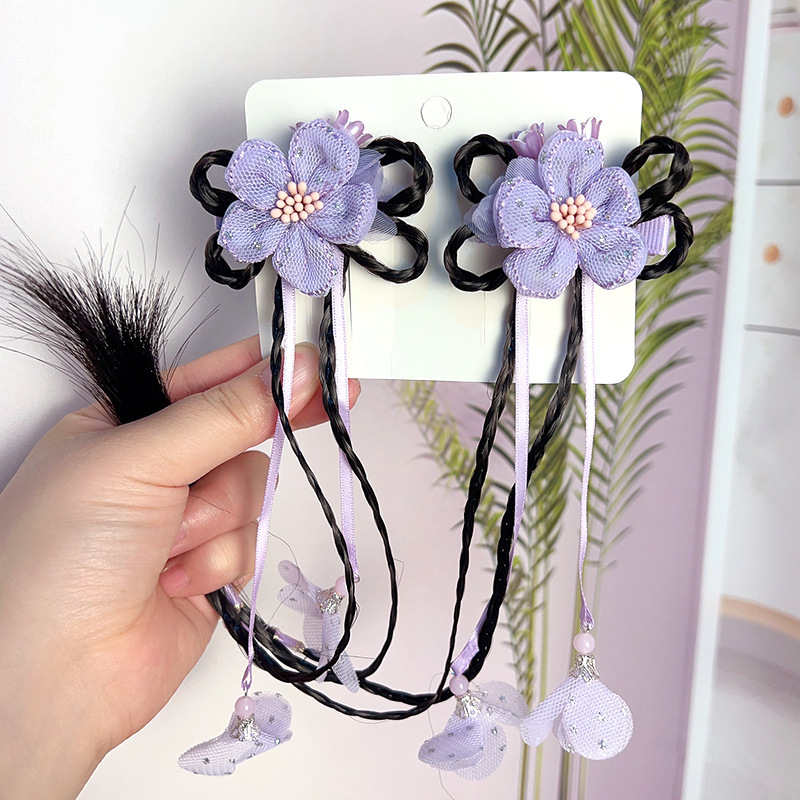 New Girls' Hanfu Headwear Clip Children's Antique Hair Clip Wig Girls' Antique Flower Hair Ornament Headband