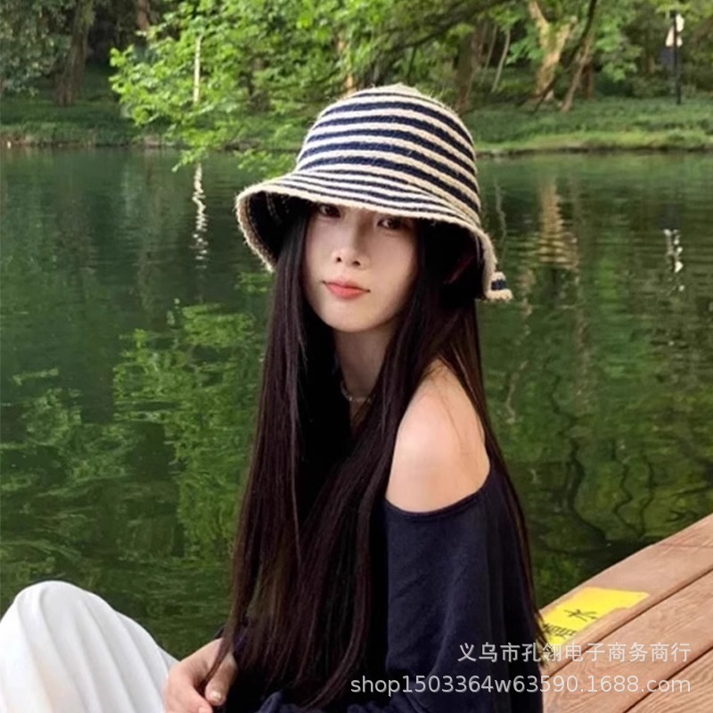 复古条纹草编水桶帽女夏季新款沙滩度假防晒遮阳帽时尚气质渔夫帽|undefined