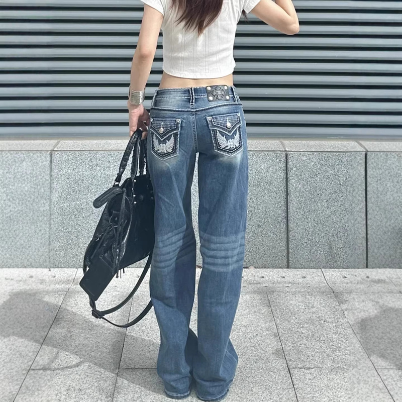 Cross-Border American Retro Design Heavy-Duty Rhinestone Embroidered Jeans for Women Y2K Millennium Style Loose Floor-Length Pants Cross-Border American Retro Design Heavy-Duty Rhinestone Embroidered Jeans for Women Y2K Millennium Style Loose Floor-Length Pants