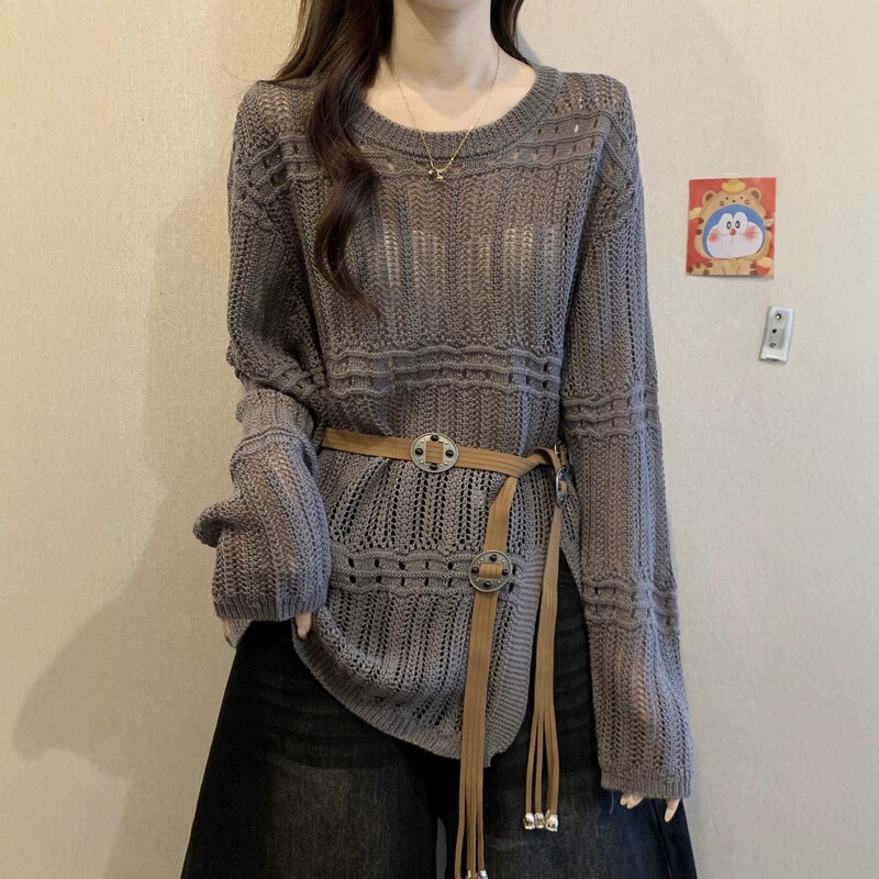 Hollow-out knitted cardigan sweater for women, new spring/summer style, plus size, slimming, mid-length, with tie waist Hollow-out knitted cardigan sweater for women, new spring/summer style, plus size, slimming, mid-length, with tie waist